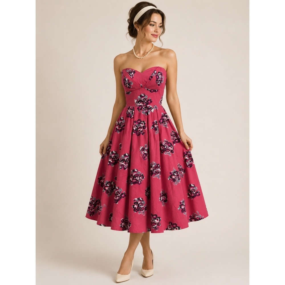 Pin up Floral Midi Dress Rockabilly Size 4 Coral Pink Ruffle Hem A-Line